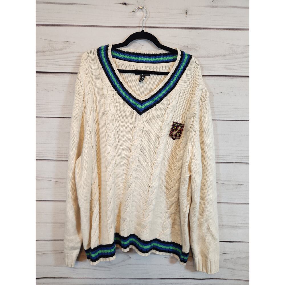 Houston White Womens Cream Blue Cable Knit Long Sleeve Pullover Sweater Size 2XL